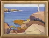 Clifford McCormick Ulp, Along the New England Coast, Oil on board shoreline scene shows a calm, blue ocean with coastal granite rock