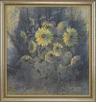 Robert H. Laessig, Sunflowers, Fine watercolor scene shows a cluster of blossoming sunflowers in front of a bush & tree area