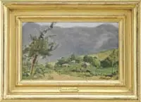 Vilalij Petrov, Summer Village, Oil on board landscape scene shows a small village at the base of tall mountains
