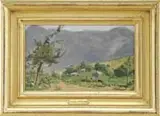 Vilalij Petrov, Summer Village, Oil on board landscape scene shows a small village at the base of tall mountains