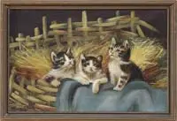 Friends in a Basket by Unsigned, Oil on canvas scene shows three kittens in a basket filled with straw and blue cloth, sold Feb 2012