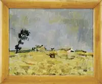 Signed, Field Study, Impressionistic oil on canvas scene shows a horse drawn cart in a golden field with house & tree beyond