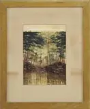 Rene Theophile de Quelin, The Woodland Pool, Watercolor scene shows foreground water reflecting the rocky bank with tall trees. The morning yellow sky seen beyond