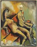 Joan Brown, The Girls at Mama Tia’S, Oil on board scene of two nude women seated on an orange bench