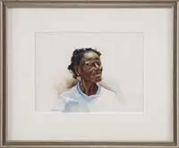 Jerry Rose, Eunice Wright, Black Point, Bahamas, Watercolor portrait of a Bahamian woman with black hair and pale blue shirt