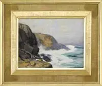 Monhegan Island, Maine 1921 by Lawton Parker, Oil on board coastal scene shows waves crashing onto coastal rock formations, sold Aug 2011