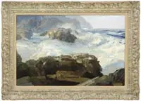 Jay Hall Connaway, Rocky Coast, Oil on board coastal Maine scene shows a rocky cliff coastline being pummeled by large waves producing white water