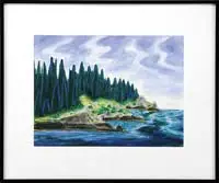 End of the Island by Eric Hopkins, Watercolor/gouache Maine coastal scene shows a coastline with rocks and tall trees under blue & white cloud sky, sold Aug 2011