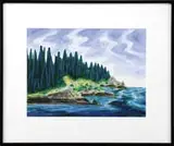 Eric Hopkins, End of the Island, Watercolor/gouache Maine coastal scene shows a coastline with rocks and tall trees under blue & white cloud sky