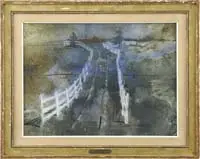 John W. McCoy, The Way Out, Fine watercolor scene shows a white fenced entrance way leading out to a road with two corner trees