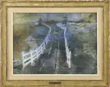 John W. McCoy, The Way Out, Fine watercolor scene shows a white fenced entrance way leading out to a road with two corner trees