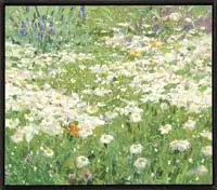 Colin Page, Field of Flowers, Oil on canvas scene shows a field of daisies having purple flowers in the background