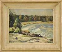 Elsie Scull, Pumpkin Cove, Maine Pemaquid, Oil on board scene shows a cove with oncoming waves lined by trees & rocks