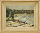 Elsie Scull, Pumpkin Cove, Maine Pemaquid, Oil on board scene shows a cove with oncoming waves lined by trees & rocks