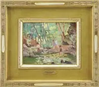Children at the Stream by Emile Albert Gruppe, Oil on canvas mounted to masonite scene shows four children in a rock lined woodland pool in a summer landscape, sold Aug 2011