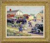 Katherine Adams Lovell, Summer in Ogunquit, Maine, Oil on canvas summer scene shows people and cars in a busy downtown area under blue sky