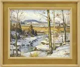 Ken Knowles, Winter Marshes, Hog Island, Oil on masonite winter scene shows the tidal marsh area in Essex, MA with a tree lined border and hills in the distance
