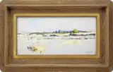 Agnes Lawrence Pelton, Cranes Beach, Oil on canvasboard pastel colored scene shows waterside view of the beach with dunes and chimney amongst the tall trees