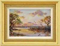 Marsh Sunset by Wayne Beam Morrell, Oil on board scene shows three ducks in a marshy area with three flying overhead in sunset sky, sold Aug 2011