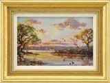 Wayne Beam Morrell, Marsh Sunset, Oil on board scene shows three ducks in a marshy area with three flying overhead in sunset sky