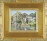 Thomas M. Nicholas, Along the Charles, Oil on masonite panel scene shows several houses along the bush and tree lined bank of a calm river reflecting the scene