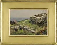 Bernard Corey, Path to the Point, Oil on board coastal scene shows a rock and grass shore having a path leading to water beyond