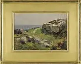 Bernard Corey, Path to the Point, Oil on board coastal scene shows a rock and grass shore having a path leading to water beyond