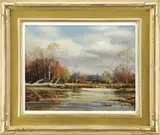 Wayne Beam Morrell, Spring Pond, 1958, Oil on masonite spring scene shows a fisherman near a pond with colorful trees under blue & white cloud sky