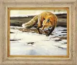 Grant Hacking, Following the Scent, Oil on canvas wildlife scene shows a red fox turning to follow the scent across a snow covered area