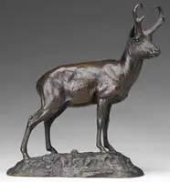 Jason Lippitt Clark, The Pronghorn, Small bronze depicting a standing a pronghorn deer on a naturalistic base which is signed “Jas L. Clark”. Brown patina