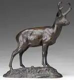 Jason Lippitt Clark, The Pronghorn, Small bronze depicting a standing a pronghorn deer on a naturalistic base which is signed “Jas L. Clark”. Brown patina