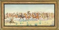 Frederic Remington, A Cavalry Scrap, Oil on canvas scene shows a charging Cavalry amongst Indians on horseback in a desert setting