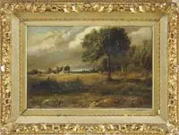 Patrick Vincent Berry, New York Landscape, Oil on canvas scene shows a farmer in a field looking towards houses, fields and woods