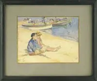 Elie A. Pavil, Children on a Beach, Impressionist watercolor of a boy and a girl seated on a sunny beach. In the background numerous boats and figures