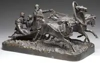 Evgeny Aleksandrovich Lansere, Troika Group, 20th Century. Bronze sculptural group shows a three-horse team pulling a sled carrying the driver, man, woman & boy