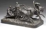 Troika Group by Evgeny Aleksandrovich Lansere, 20th Century. Bronze sculptural group shows a three-horse team pulling a sled carrying the driver, man, woman & boy, sold Aug 2011
