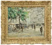 Édouard Cortès, Paris in the Spring, Oil on canvasboard street scene shows a corner with tall buildings and tree with many pedestrians and one car