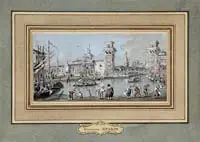 Giacomo Guardi, Boats on a Venice Canal, Watercolor on paper scene shows several gondolas on a canal with people in foreground and two towers with bridge