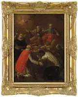 Unsigned, Old Master, Oil on canvas scene shows two men seated on rock outcropping being praised by three men with angel beside