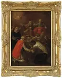 Unsigned, Old Master, Oil on canvas scene shows two men seated on rock outcropping being praised by three men with angel beside