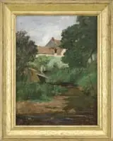 Theodore Robinson, House in a French Landscape, Oil on canvas scene shows a boy alongside a stream with wild flowers leading to connected house under colorful sky