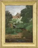 Theodore Robinson, House in a French Landscape, Oil on canvas scene shows a boy alongside a stream with wild flowers leading to connected house under colorful sky
