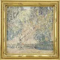 The Orange Parasol by Mary Elizabeth Price, Interesting oil on canvas showing a figure with orange parasol beside a tree next to a river with high bank and trees, sold Aug 2011