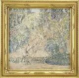 Mary Elizabeth Price, The Orange Parasol, Interesting oil on canvas showing a figure with orange parasol beside a tree next to a river with high bank and trees