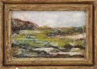 Marshland by Ernest Lawson, Oil on wood panel impressionistic scene shows a colorful low area with what appears to be marsh grass with rocks beyond, sold Aug 2011