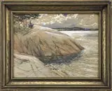 Lake Shore Scene by Hugo Olof von Hofsten, Watercolor on paper depicts the rocky shores of a large lake with evergreens on opposite shore, sold Aug 2011