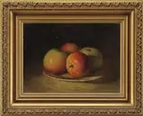 William Brewster Conely, A Plate of Apples, Oil on canvas still life scene shows four apples on a plate with light to dark brown background