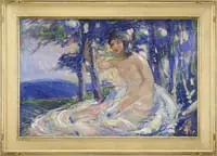 Unsigned, Dappled Light, Oil on canvas scene shows a nude woman in a hilltop wooded area overlooking a valley with blue hills