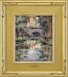 Ida Sedgwick Proper, Bridge Over Canal, New Hope, Oil on board Pennsylvania scene shows an arched bridge with river leading through town center lined with trees