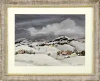 Adolf Albert Dehn, Winter in Pennsylvania, Watercolor winter scene shows several large farms nestled amongst rolling hills covered with snow under dark cloud skies